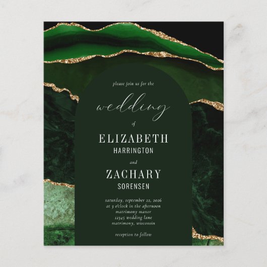 Budget Arch Hunter Green Gold Agate Wedding Invite (Voorkant)