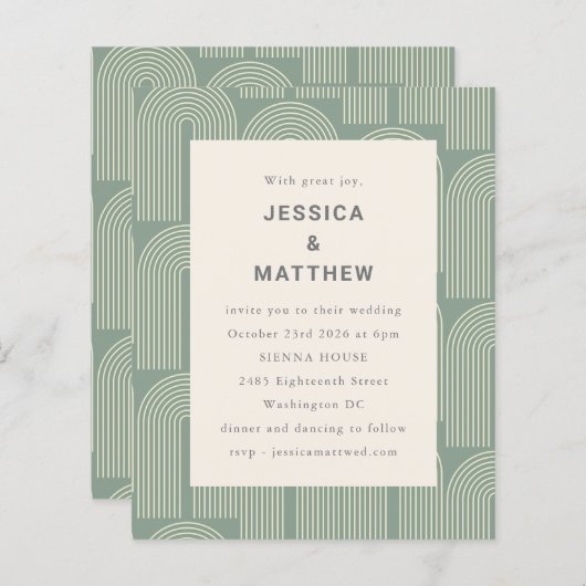 Budget Arch Line Art Sage Green Wedding Uitnodigin (Voorkant / Achterkant)