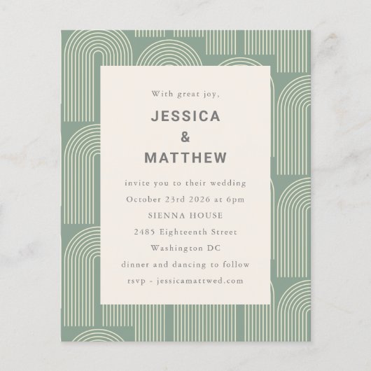 Budget Arch Line Art Sage Green Wedding Uitnodigin (Voorkant)