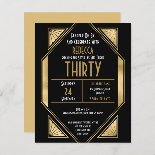 Budget Art Deco 30th Birthday Gold Black Invite (Voorkant / Achterkant)