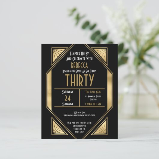 Budget Art Deco 30th Birthday Gold Black Invite (Staand voorkant)