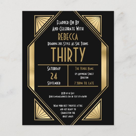 Budget Art Deco 30th Birthday Gold Black Invite (Voorkant)