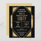 Budget Art Deco 40th Birthday Gold Black Invite (Voorkant / Achterkant)