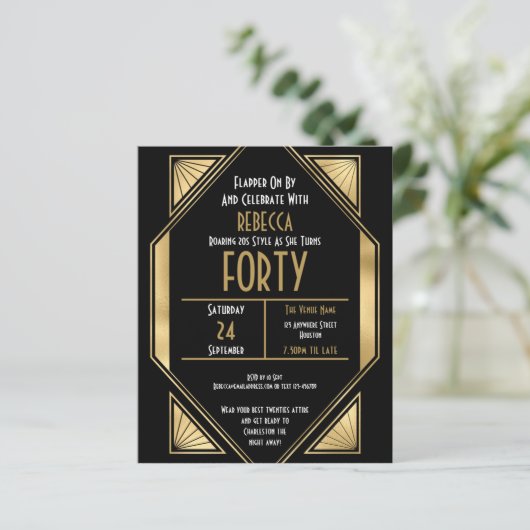 Budget Art Deco 40th Birthday Gold Black Invite (Staand voorkant)