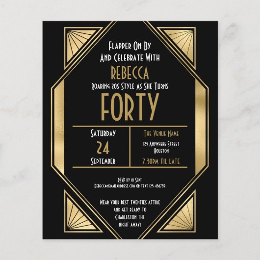 Budget Art Deco 40th Birthday Gold Black Invite (Voorkant)