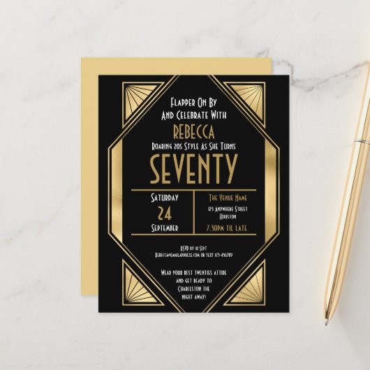 Budget Art Deco 70th Birthday Gold Black Invite (Voorkant / Achterkant in situ)