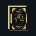 Budget Art Deco 70th Birthday Gold Black Invite<br><div class="desc">Art Deco 70th Birthday Gold Black Een budgetprijs voor KLEINE 4, 5 x 5, 6 inch. Verkrijgbaar in een SEMI-GLOSS 110 lb KAART STOCK dat de standaardoptie is (dikker voor uitnodigingen), OF een SATIN FINISH 80 lb THINER PAPER STOCK (ideaal voor behuizingen). De enveloppen zijn een facultatieve extra en zijn...</div>