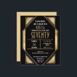 Budget Art Deco 70th Birthday Gold Black Invite<br><div class="desc">Art Deco 70th Birthday Gold Black Een budgetprijs voor KLEINE 4, 5 x 5, 6 inch. Verkrijgbaar in een SEMI-GLOSS 110 lb KAART STOCK dat de standaardoptie is (dikker voor uitnodigingen), OF een SATIN FINISH 80 lb THINER PAPER STOCK (ideaal voor behuizingen). De enveloppen zijn een facultatieve extra en zijn...</div>