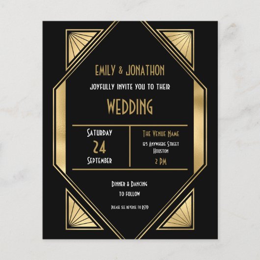 Budget Art Deco Goud Zwart QR Uitnodiging voor bru (Voorkant)