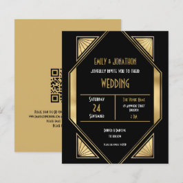 Budget Art Deco Goud Zwart QR Uitnodiging voor bru
