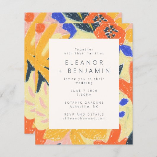Budget Artsy Abstract Botanical Fun Wedding Invite (Voorkant / Achterkant)