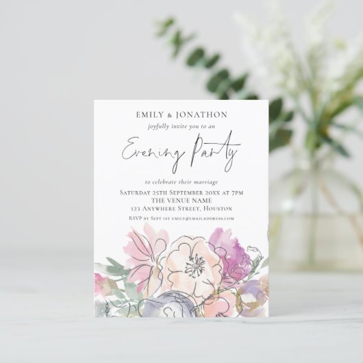 Budget Artsy Florals Wedding Evening Party nodigt  (Staand voorkant)