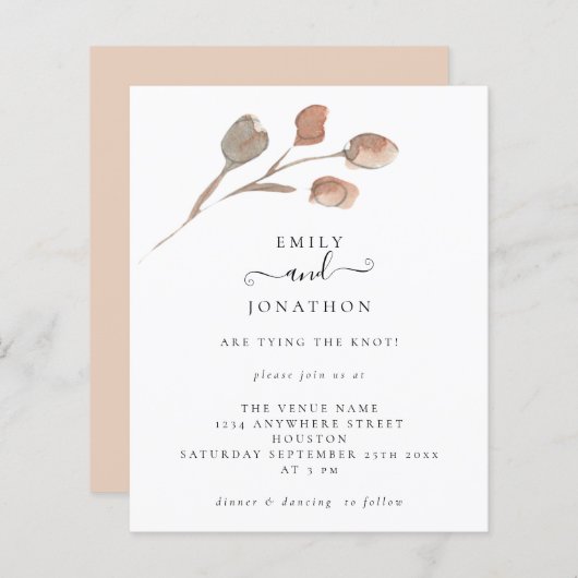 Budget Artsy Leaves Wedding Script Uitnodiging (Voorkant / Achterkant)