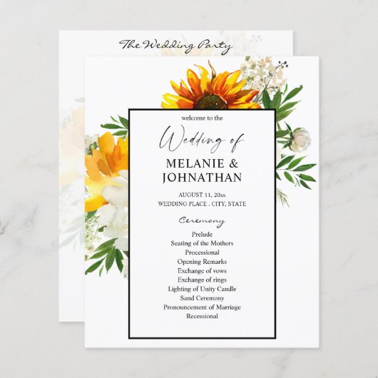 Budget Artsy Sunflower Floral Wedding Programme (Voorkant / Achterkant)