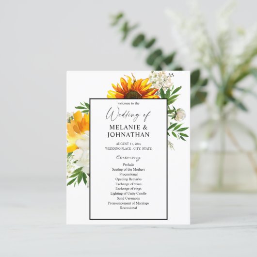 Budget Artsy Sunflower Floral Wedding Programme (Staand voorkant)