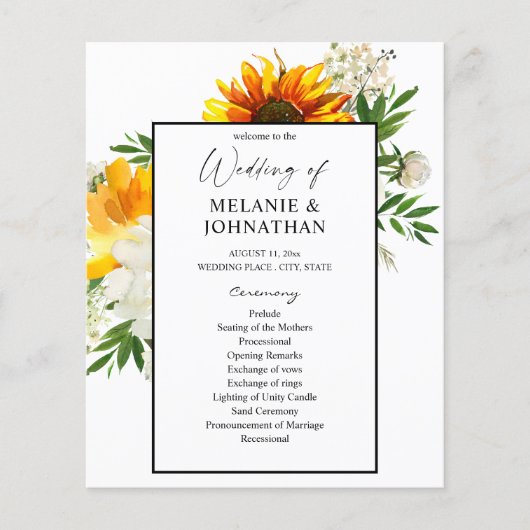 Budget Artsy Sunflower Floral Wedding Programme (Voorkant)