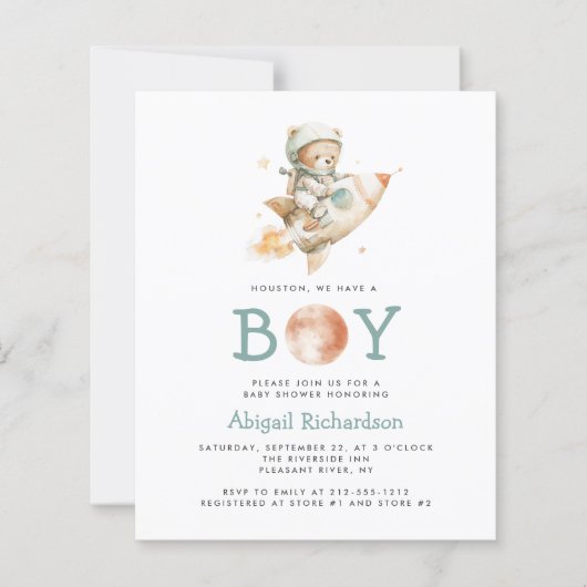 Budget Astronaut Bear QR Code Boy Baby Shower (Voorkant)