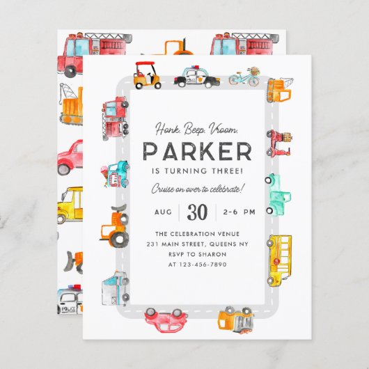 Budget Auto's Straat Kinder Vervoer Verjaardag (Voorkant / Achterkant)