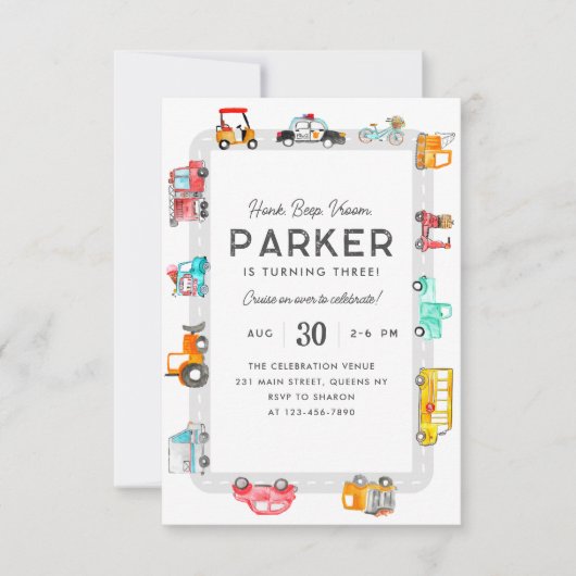 Budget Auto's Straat Kinder Vervoer Verjaardag Notitiekaartje (Voorkant)