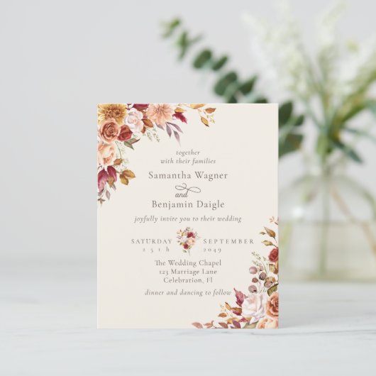Budget Autumn Herfst Bloemen Ivoor Bruiloft Uitnod (Staand voorkant)