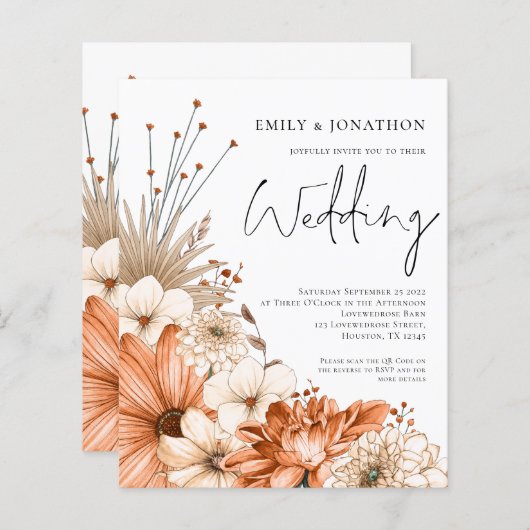 Budget Autumnal Florals Script Wedding Invite (Voorkant / Achterkant)