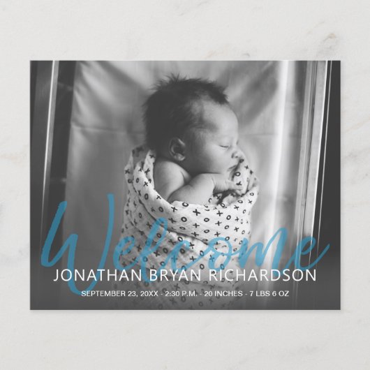 Budget B&W Blue Mul Photo Birth Announce Flyer (Voorkant)