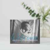 Budget B&W Blue Welcome Photo Baby Aankondiging (Staand voorkant)