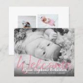 Budget B&W Roze Welkome Foto Baby Aankondiging (Voorkant / Achterkant)