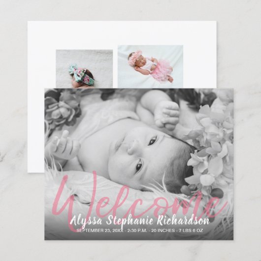 Budget B&W Roze Welkome Foto Baby Aankondiging (Voorkant / Achterkant)
