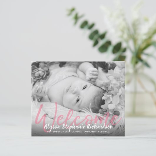 Budget B&W Roze Welkome Foto Baby Aankondiging (Staand voorkant)