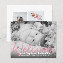Budget B&W Roze Welkome Foto Baby Aankondiging