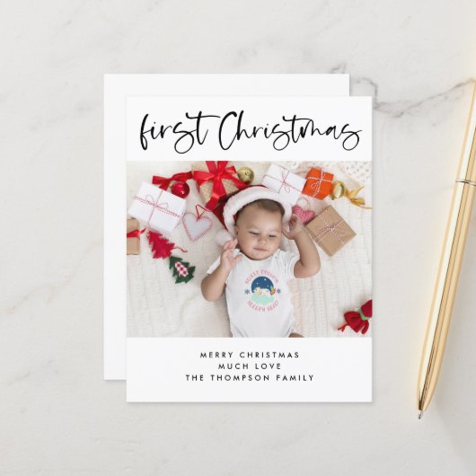 Budget Baby 1e kerstfoto Small Flat Kaart (Voorkant / Achterkant in situ)