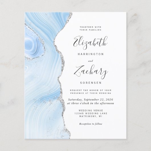 Budget Baby Blauw Zilveren Agaat Bruiloft Uitnodig (Voorkant)