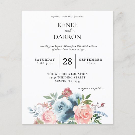 Budget Baby Blue & Blush Pink Floral Wedding Flyer (Voorkant)