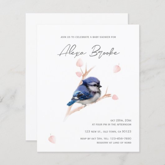 Budget Baby Blue Jay Bird Baby shower Uitnodiging (Voorkant / Achterkant)