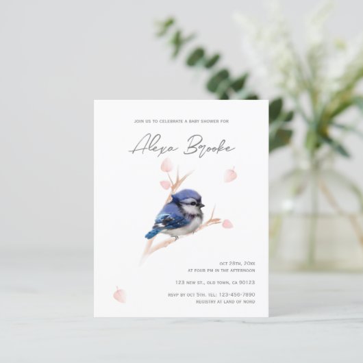 Budget Baby Blue Jay Bird Baby shower Uitnodiging (Staand voorkant)