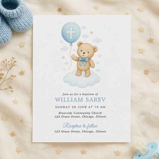 Budget Baby Boy Doop Uitnodiging met Teddy