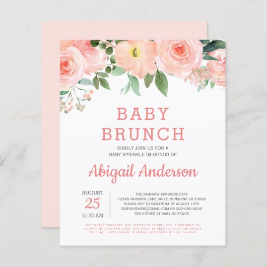 Budget Baby Brunch Waterverf Floral Uitnodiging (Voorkant / Achterkant)
