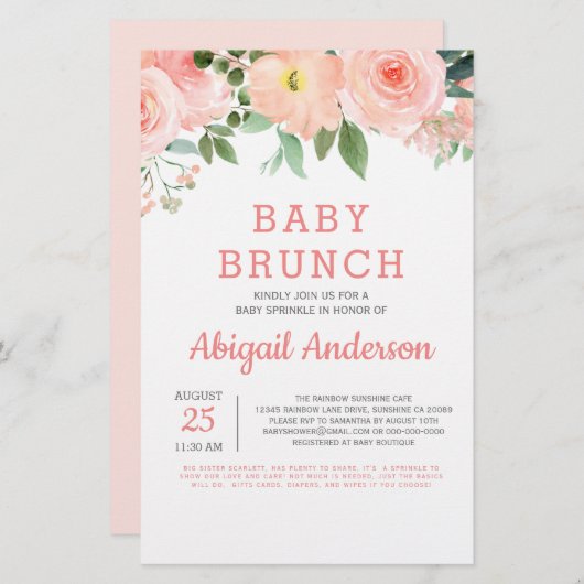 Budget Baby Brunch Waterverf Floral Uitnodiging (Voorkant / Achterkant)