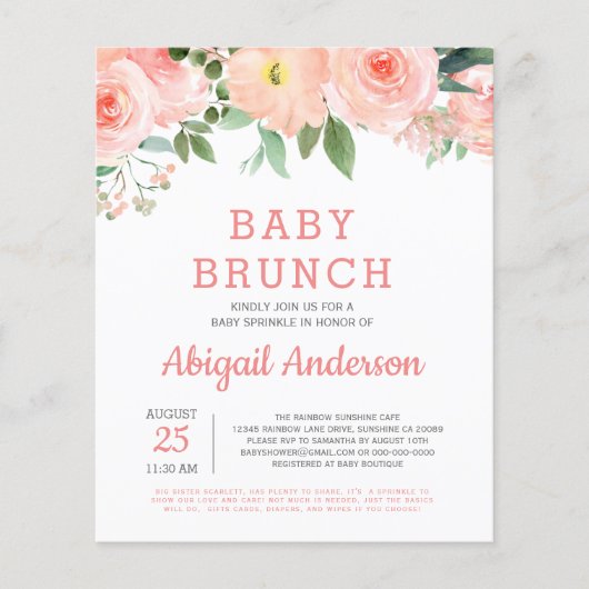 Budget Baby Brunch Waterverf Floral Uitnodiging Flyer (Voorkant)