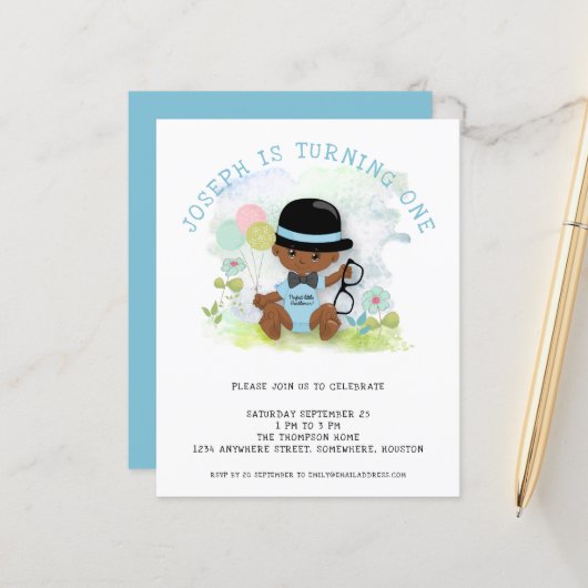 Budget Baby First Birthday Party Invitation (Voorkant / Achterkant in situ)