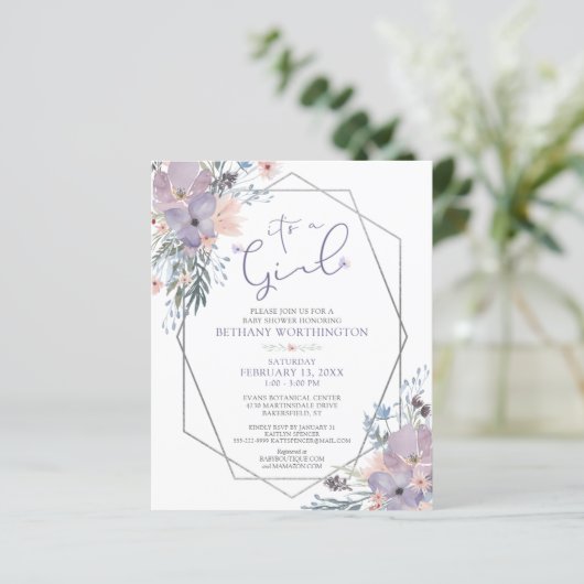 Budget Baby Girl Shower Paarse Floral Invite (Staand voorkant)