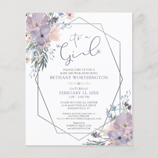 Budget Baby Girl Shower Paarse Floral Invite (Voorkant)
