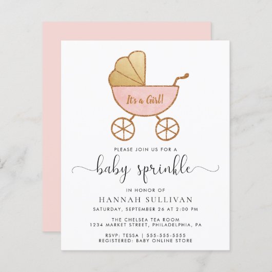 Budget Baby Girl Sprinkle Pink Carriage Invite (Voorkant / Achterkant)