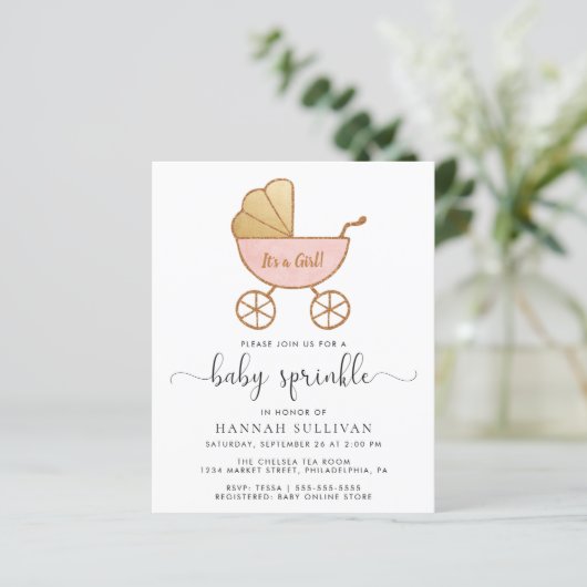 Budget Baby Girl Sprinkle Pink Carriage Invite (Staand voorkant)