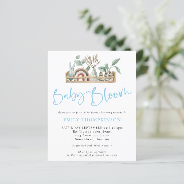 Budget Baby in Bloom Boho Baby Blue Shower nodigt  (Staand voorkant)