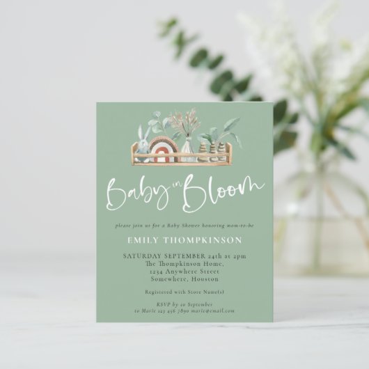 Budget Baby in Bloom Boho Sage Baby shower Uitnodi (Staand voorkant)
