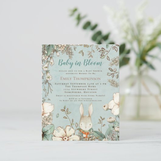 Budget Baby in Bloom Bunny Boy Baby shower nodigt  (Staand voorkant)