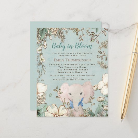 Budget Baby in Bloom Elephant Baby shower nodigt u (Voorkant / Achterkant in situ)