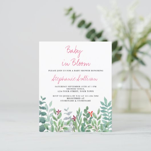 Budget Baby in Bloom Eucalyptus Baby shower Uitnod (Staand voorkant)